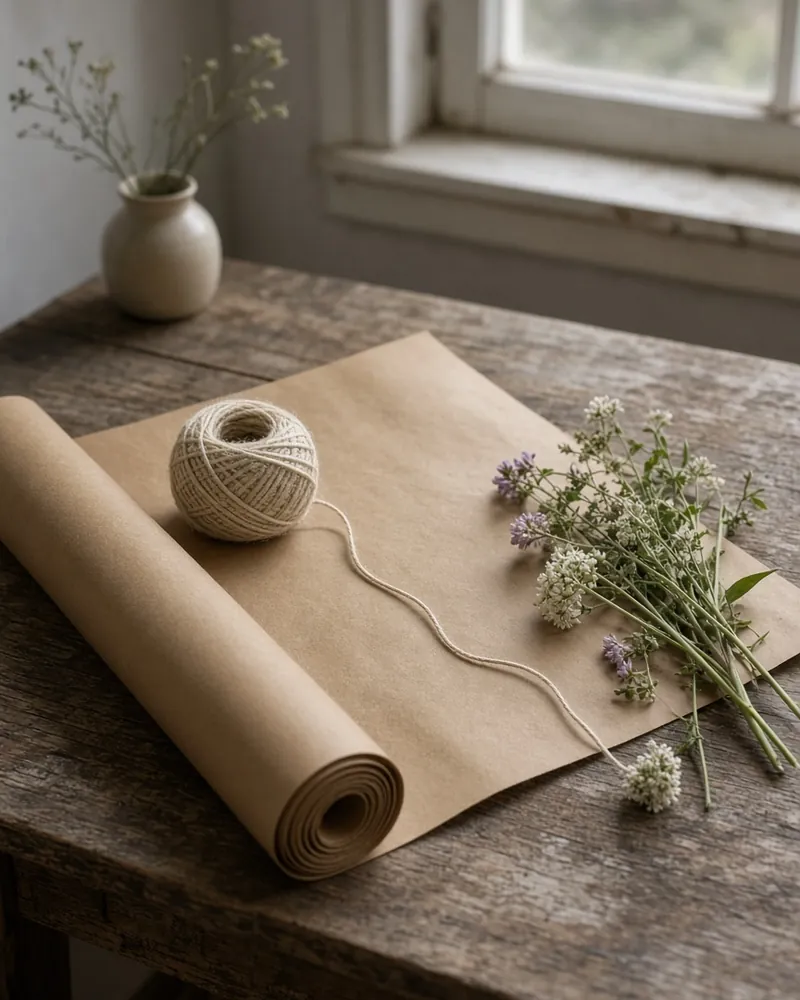 A wrapping table with kraft paper, twine, and stems, no person in the frame.