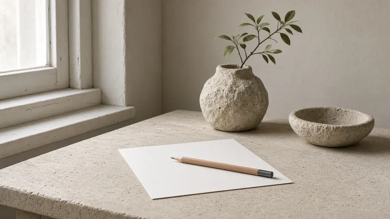 A quiet stone desk with blank paper and a pencil.