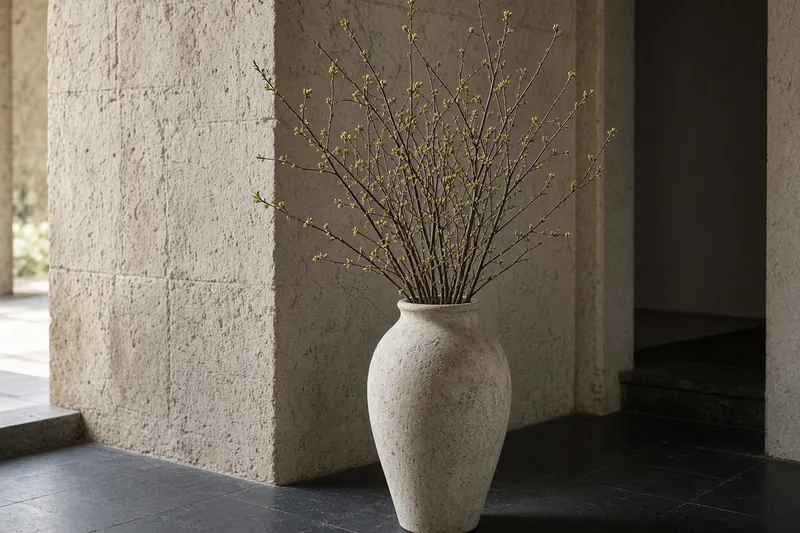 Branches in a tall vessel in a stone entry, no bouquet sleeve.