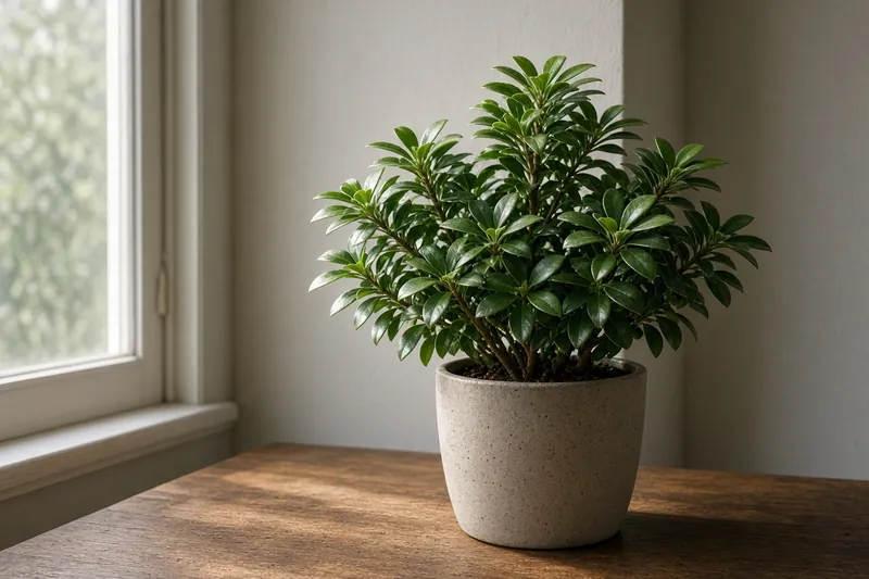 A potted green on a desk, the north light falling across the leaves.