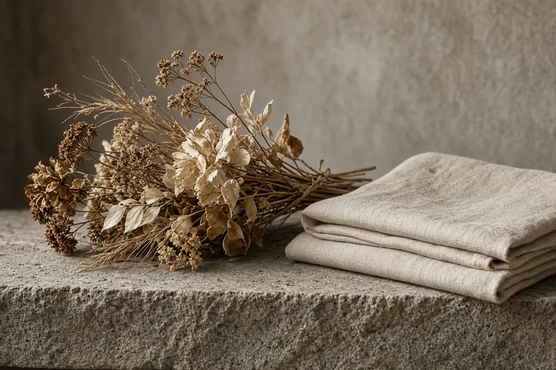 Dried material resting on a stone shelf, linen beside it, not a fresh flower.