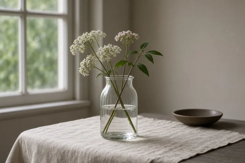 A glass vase of cut stems on a linen-covered table by a north window.