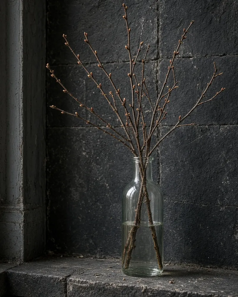Tall branches in a high bottle against dark stone.