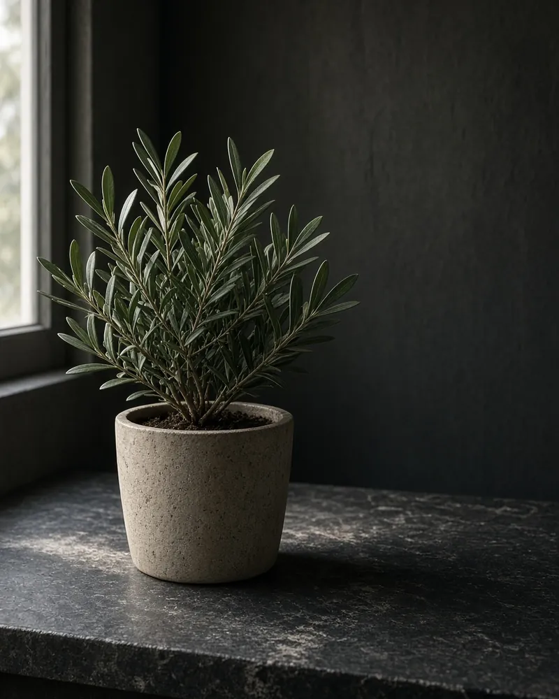 One structured potted green on stone, with window light from the side.