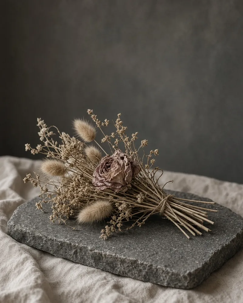 Dried grasses and a preserved bloom on dark stone, clearly not fresh.