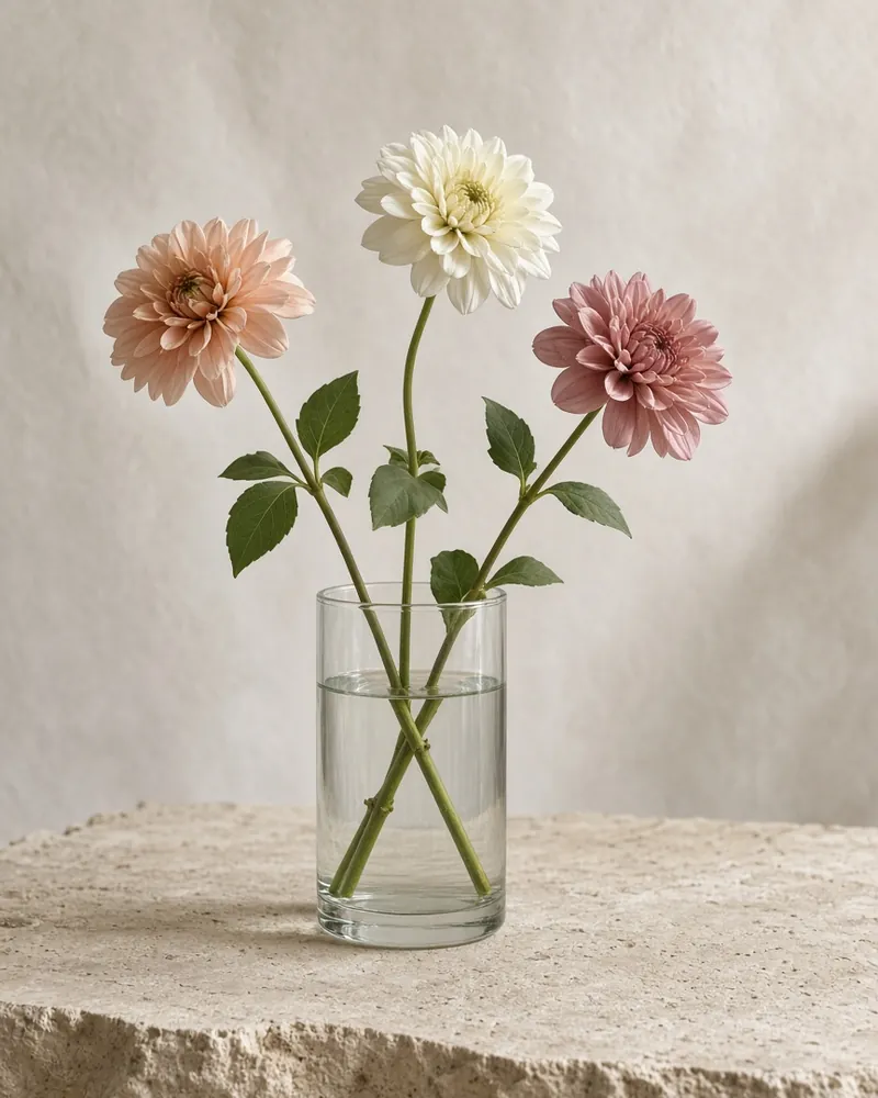 A few cut stems in a simple glass vase on limestone.