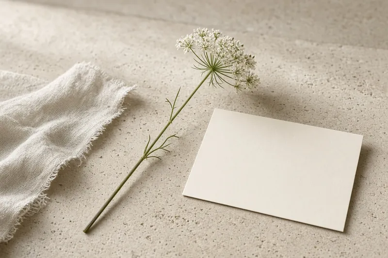 One stem, a strip of linen, and a blank card on limestone.