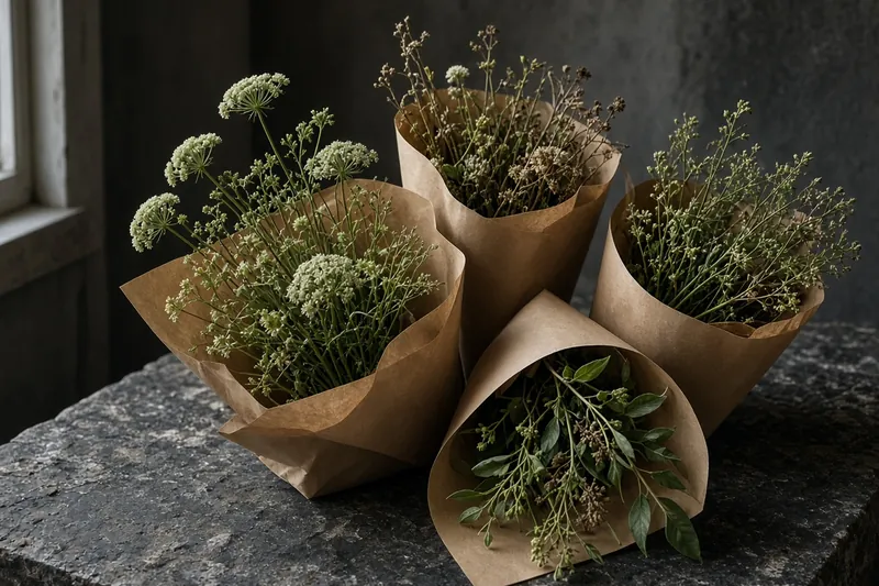 Several kraft-wrapped bunches on stone, no tags and no receipt.
